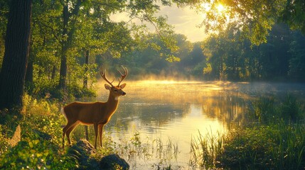 Poster - A graceful male deer with impressive antlers stands by a tranquil lake, surrounded by lush greenery. The sun rises, casting a golden glow over the calm waters and the mist rising gently