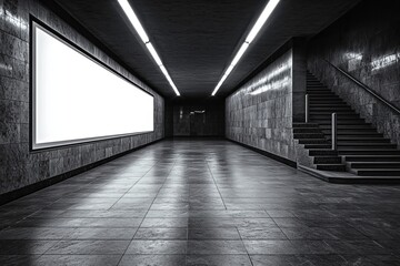 Poster - A perspective view showing a large, blank white illuminated screen with an open area for text or a logo in a grand hall with a stage and stairway. 3D rendering, mockup