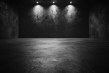 Poster - Empty dark stage with a spotlight, grey concrete floor, and black blank wall, ideal for car or product presentation mockups. 3D Rendering