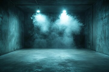 Poster - 3D Rendering, mockupA side view of a dark, smoky garage interior featuring a spotlight, a concrete floor, a car in the background, and an empty stage set