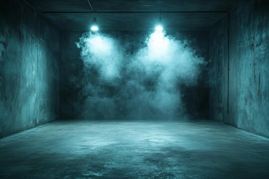 3D Rendering, mockupA side view of a dark, smoky garage interior featuring a spotlight, a concrete floor, a car in the background, and an empty stage set