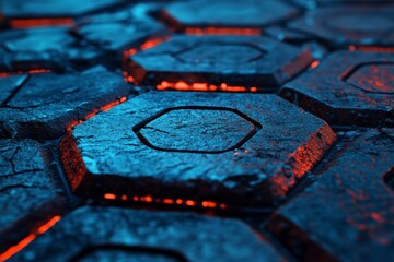 Poster - 3d renderinggeometric hexagons emit light on a dark blue backdrop, illustrating a technological idea