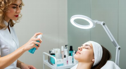 Wall Mural - Caucasian female adult relaxing during facial treatment in spa setting