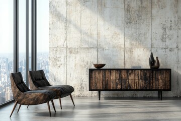 Poster - In a vibrant corporate setting, a modern reception area showcases a black desk illuminated from below, expansive windows, and cozy seating