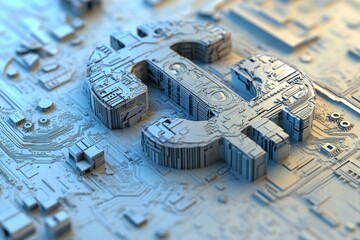 Poster - A holographic blue dollar sign intertwined with digital circuitry on a blank white backdrop, embodying ideas of virtual currency and advanced technology through 3D rendering