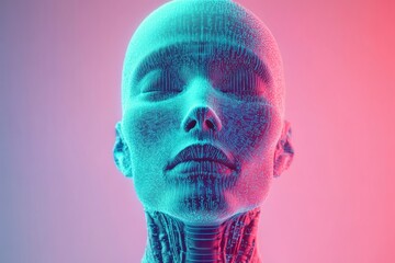 Poster - A tech-style visualization of a virtual identity using a 3D-rendered digital human silhouette composed of blue geometric shapes against a white backdrop