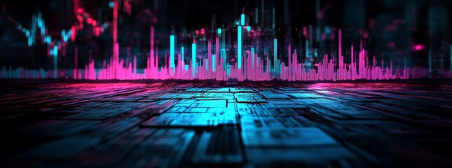 Poster - A 3D visualization of financial data charts with brightly lit stock and forex graphs on a dark blue backdrop