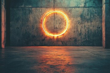 Poster - A modern abstract setting with an illuminated round circle prominent on a dark matte background, representing a minimal luxury design for premium products
