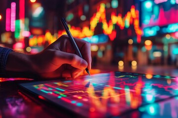 Poster - A hand指示s towards financial data charts with graphs, illuminated by a glowing blue background, representing business growth, finance, and market trends