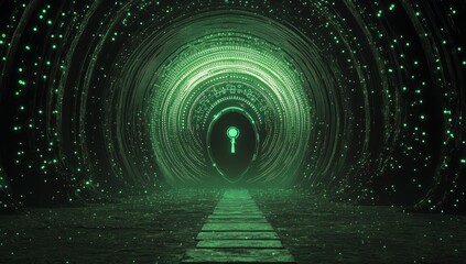 Fototapete - A 3D rendering of a digital shield featuring glowing pixels and wireframe network connections against a dark backdrop, symbolizing cybersecurity