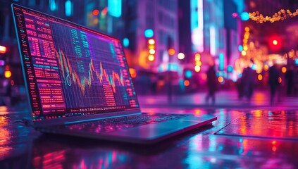 Poster - Charts and financial data superimposed on a fuzzy background featuring glasses and a keyboard, representing the modern concept of market analysis