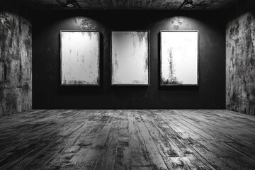 Poster - A contemporary empty exhibition venue featuring blank screens lit up in a dimly lit chamber
