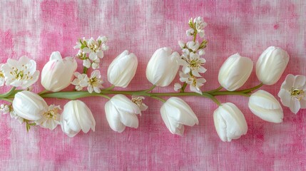 Aufkleber - A beautiful arrangement of white tulips and cherry blossoms is placed on a soft, pastel pink surface, celebrating the essence of spring with vibrant nature captured in harmony