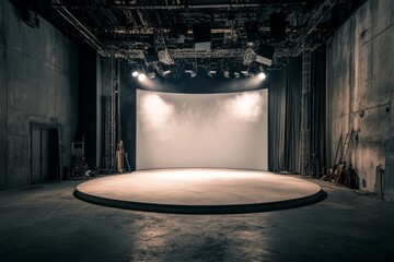 Poster - A modern exhibition space adorned with a curved blank digital display screen above a dark ceiling and lighting fixtures
