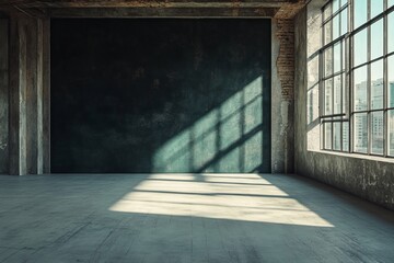 Poster - A sleek, open gallery with dark-colored walls, large windows, and clean tile flooring, rendered in 3D