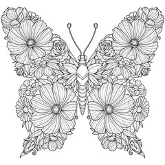 Wall Mural - A butterfly made of flowers.Coloring book antistress for children and adults. 