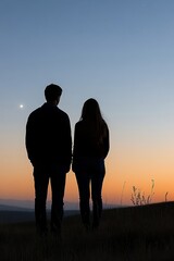 Poster - Silhouetted Couple Sharing a Romantic Moment on a Hilltop at Sunset with a View of the Horizon