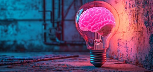 Poster - Dark blue background mockup showcasing a glowing light bulb encased with a circuit board inside. Represents innovation concept
