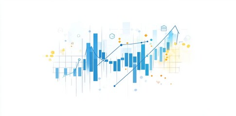 Poster - An abstract financial chart displaying an uptrend line graph, bar chart, and city silhouette against a white background, symbolizing business growth