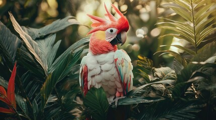 a vibrant cockatoo showcasing its feathers while surrounded by tropical plants.