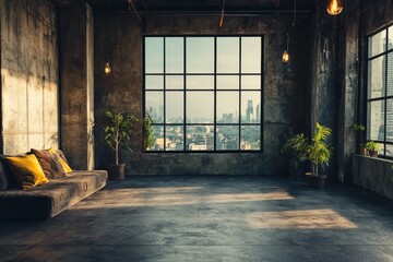 Poster - A contemporary, spacious loft-style interior with expansive windows, grey floor tiles, a cozy sofa, black metal beams, and modern lighting. 3D Rendering