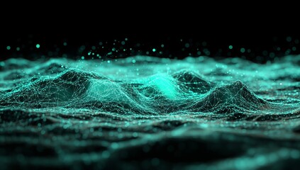 Poster - A digital hologram symbol of AI with neural network connections and a green pixelated look in a dark cyberspace environment. 3D Rendering