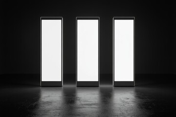 Poster - A modern exhibition hall bathed in darkness features bright vertical blank screens with clean illuminated panels. 3D Rendering