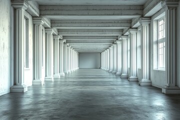 Poster - The corridor is minimalist and modern, adorned with white geometric patterns, a pristine concrete floor, and plenty of natural light. 3D Rendering