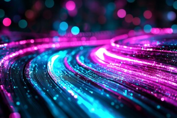 Poster - Visualization of Big Data with dynamic glowing lines on an abstract technological background, illustrated using 3D rendering techniques
