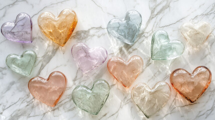 Wall Mural - An artistic medley of transparent glass hearts in muted pastel tones like peach