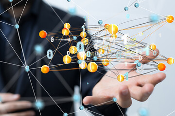 Poster - Global network. Blockchain. 3D illustration. Neural networks and artificial intelligence. Abstract  3d