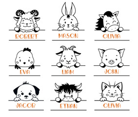 Wall Mural - set of monograms of baby farm animals. cute peeking animal faces. baby name split monogram. vector m
