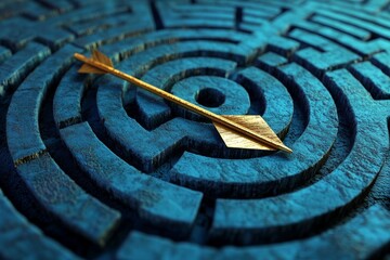 Poster - A 3D labyrinth with a brilliant yellow pathway on a blue background illustrates the theme of problem-solving