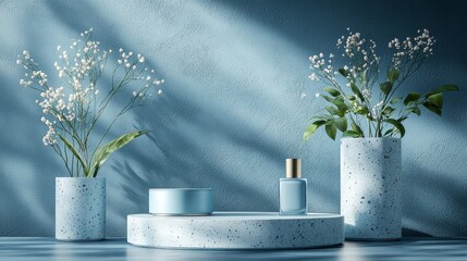Poster - A stylish display features soft blue geometric shapes on a podium, complemented by vases of fresh flowers. The serene atmosphere creates a calming visual experience