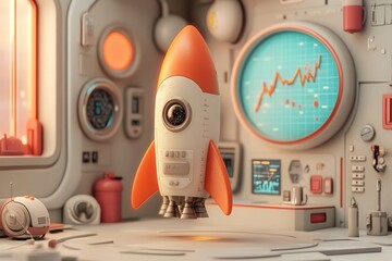 Poster - The image shows an orange rocket launching with a rising graph, framed by white clouds on a white background, conveying the concept of growth and accomplishment