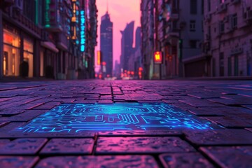 Poster - During sunset, a futuristic digital circuit board is placed on top of a vibrant cityscape