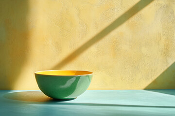 Leinwandbilder - Modern green and yellow ceramic bowl in minimalist sunlight composition