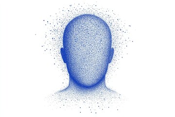 Poster - In a tech-centric design, a virtual identity is portrayed via a 3D-rendered digital human silhouette formed from blue geometric shapes with outlines on a white background
