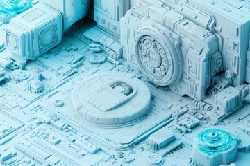 Poster - Transparent blue holographic lock icon, bordered by digital lines and data points, on a white background, denoting security. 3D Rendering