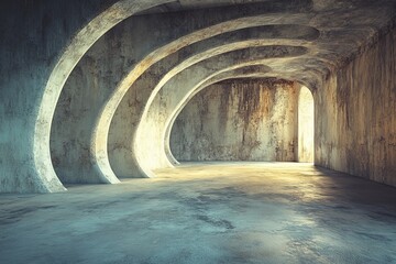 Poster - Designed for minimalism, this outdoor space has a concrete wall, a podium, and a reflective floor, all highlighted by natural light. 3D Rendering