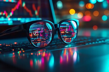 Poster - Illustrating a financial trading concept, graphs and charts are overlaid on office tools against a digital backdrop