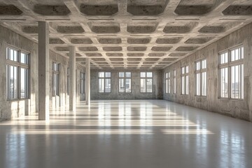 Poster - This modern interior corridor adopts a clean, minimalist design with geometric ceiling and concrete floor