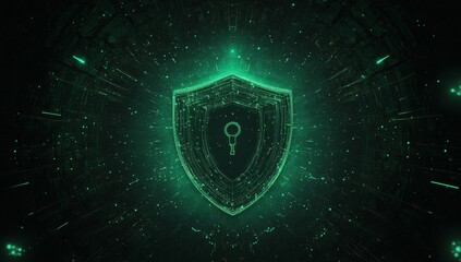 Poster - Cybersecurity is depicted through a 3D rendering of a digital shield with glowing pixels and wireframe network connections on a dark background