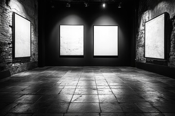 Poster - Blank illuminated screens in a dim hall create a modern empty exhibition stage