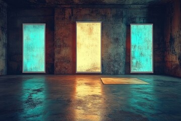 Poster - The exhibit space is a dark modern hall with bright vertical blank screens and clean illuminated panels. 3D Rendering