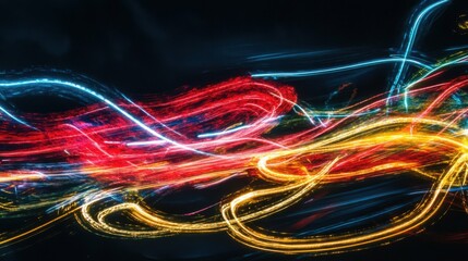 Wall Mural - vibrant streaks of glowing light trails in dark space, dynamic and futuristic design, bold and artistic composition