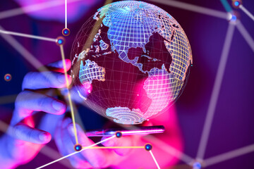 Poster - Global network. Blockchain. 3D illustration. Neural networks and artificial intelligence. Abstract