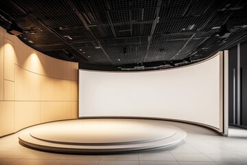 Poster - A dark ceiling and lighting fixtures create a backdrop for a prominently placed curved blank digital display screen in a modern exhibition space