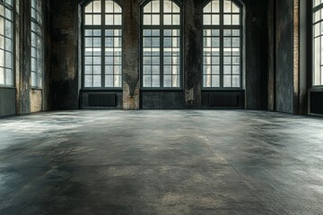 Poster - The interior of an empty gallery space designed with modern aesthetics, dark-colored walls, significant windows, and clean tile surfaces