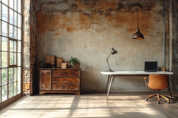 Poster - The modern office design includes a clear wall for mockup, expansive windows, organized desks, and potted plants, ensuring a clean and professional look